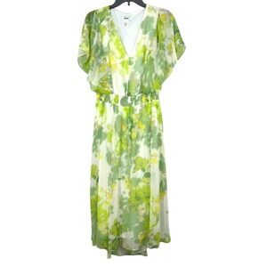 DKNY Green Yellow Floral Sheer Overlay V Neck Midi Dress Wedding Guest Retro